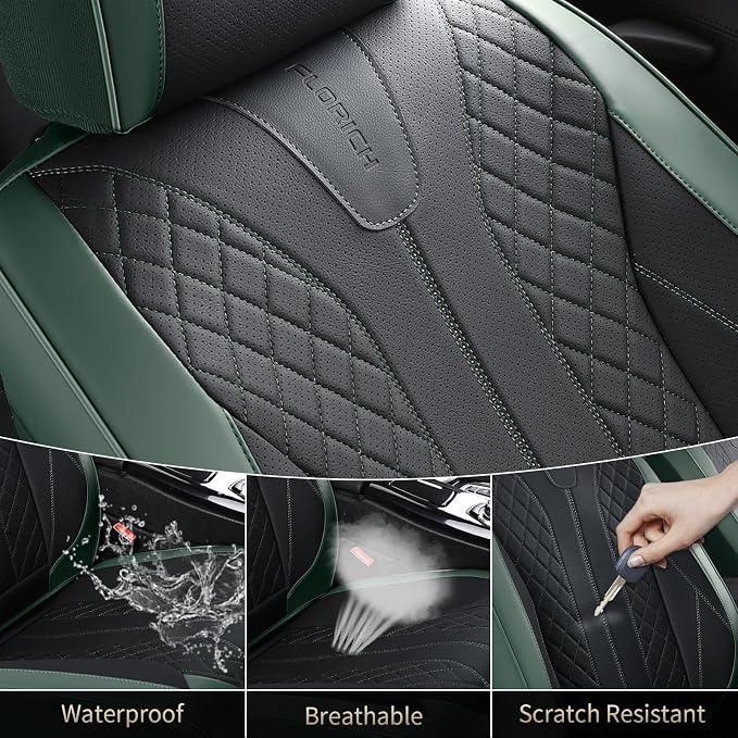 FLORICH Leather Seat Covers Full Set Automotive Car Seat Cover Front and Back Waterproof Auto Seat Covers Full Coverage Car Seat Protector Cushion Universal Fit for Most Cars SUV Trucks, Black&Green