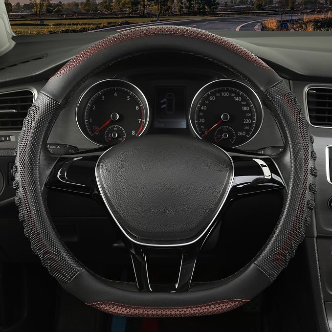 D Shaped Steering Wheel Cover Great Grip with 3D Honeycomb Hole | Anti-Slip Silicone Heavy-duty Microfiber Leather Sporty Design, Universal 14.5 inch - 15 inch, Black with Burgundy
