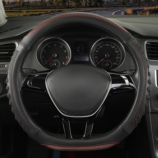 D Shaped Steering Wheel Cover Great Grip with 3D Honeycomb Hole | Anti-Slip Silicone Heavy-duty Microfiber Leather Sporty Design, Universal 14.5 inch - 15 inch, Black with Burgundy