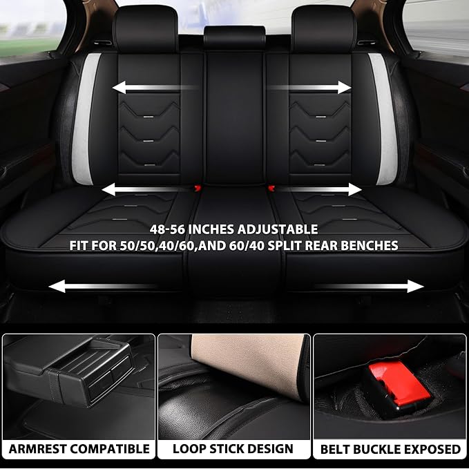 otoez Car Seat Covers Full Set, Universal Leather Seat Cover for Car, Waterproof 5 Seat Automotive Front and Back Seat Protector Full Coverage for Most Sedens Trucks SUVs, White & Black