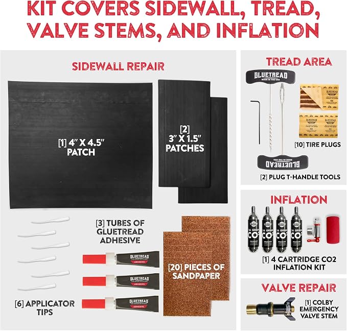 GlueTread ATV Tire Repair Kit Complete Off-Road Tire Patch Kit - Includes Glue Tread Sidewall Repair Patches, Colby Emergency Valve, Plug Kits (12 Plugs), T Handles and 4 CO2 Cartridges - Heavy Duty