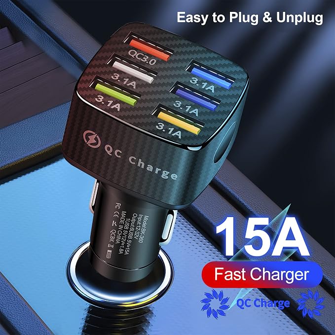 Amiss Car Charger Adapter, 6 USB Multi Port, Fast Charger, Include QC 3.0 and 5 Other Ports, Car Interior Accessories, Fit for iPhone 17/16/15/14/13Pro Max, Samsung, Android (Black 1pc)