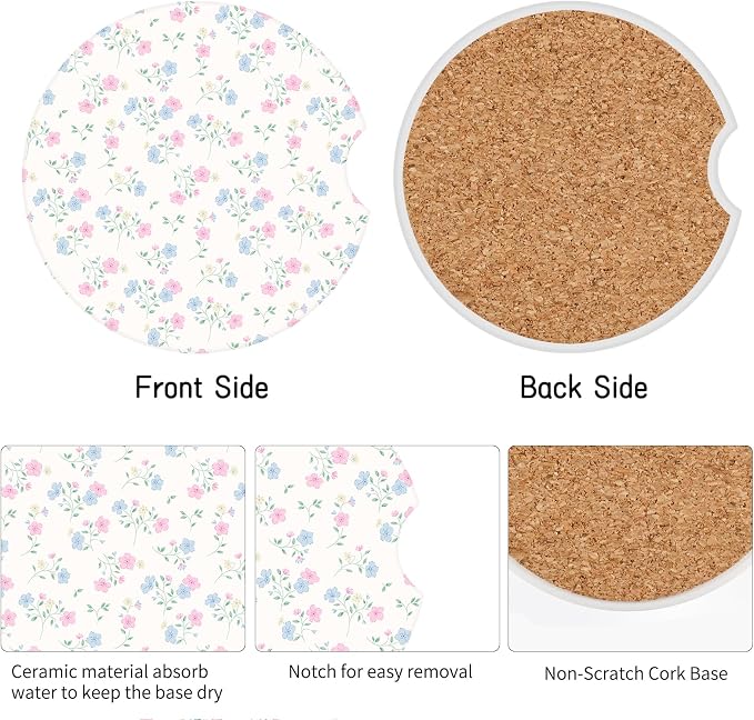 Vintage Flowers Car Coasters,Absorbent 2 Pack for Cup Holders with Finger Notch,2.56 inches Ceramics Heat Resistant Anti Slip Cork Base Car Drinks Coasters Auto Cup Holder