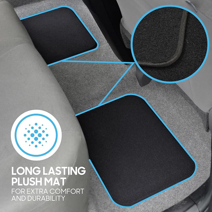 BDK Premium 4PC Set of Carpet Car Floor Mats with Vinyl Safety Heel Pad for Car, Truck, SUV, Coupe Sedan, Black (MT-100-BK)