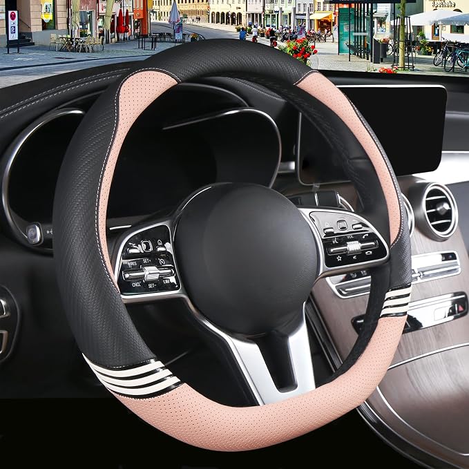 15 inch Cute Leather D Shape Steering Wheel Cover Black Pink | Breathable Faux Leather and Carbon Fiber Flat Bottom Car Accessories for Women Men Universal 14.5 inch to 15 inch