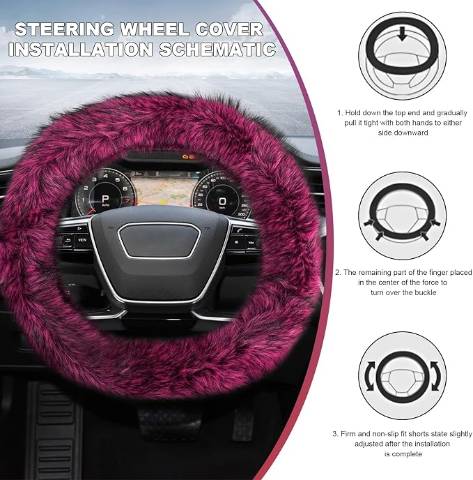 Fluffy Steering Wheel Cover, 15 Inch Anti-Slip Microfiber Plush Fuzzy Steering Wheel Cover, Winter Warm Elastic Fuzzy Steering Wheel Covers for Women and Men, Car Accessories (Rose Red)