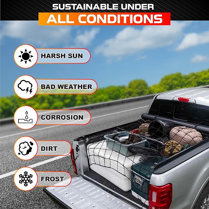 [Premium] 5'x7' Heavy Duty Cargo Net Stretches to 10' x 14', Extra Thick 10mm Cord Bungee Cargo Netting for Pickup Truck Bed, Roof Rack Net & 12 PCS Steel Carabiners | Extra Thick 10mm Cord Bungee Cargo Netting for Pickup Truck Bed, Roof Rack Net & 12 ...