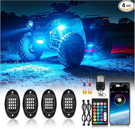 4Pods Segmented RGB LED Rock Lights Kit with APP/RF Remote Control, Brightness Upgraded Multicolor Underglow Lights Neon Music Mode Waterproof 12V Underbody Light for Trucks Pickup Jeep Golf Cart ATV