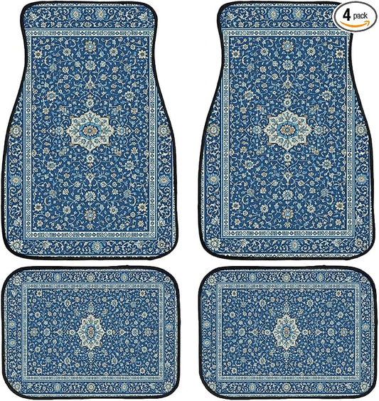 Carpet Car Floor Mats Blue Floral Rug Carpet Front Rear Carpets Mat Decorative Car Floor Carpets Non-Slip Auto Car Accessories Universal Fit for Car SUV Truck Van