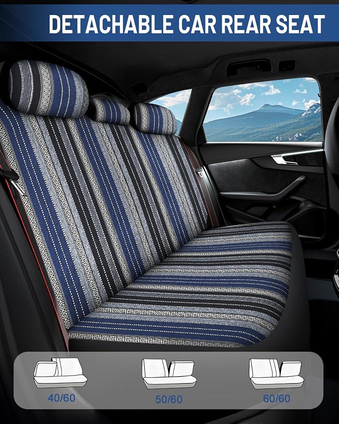 Baja Saddle Blanket Car Seat Covers Full Set with Seat Belt Pads and Steering Wheel Cover, Washable Breathable Striped Woven Cloth Seat Covers for Cars, SUV, Truck(Blue,Large)