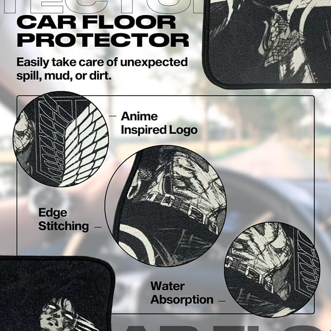 Anime Car Carpet Mat Set of 2 Front, AOT LEVI Design Automotive Accessories Interior All Weather Floor Mats Decor with Non Slip Black Anti Skid Backing