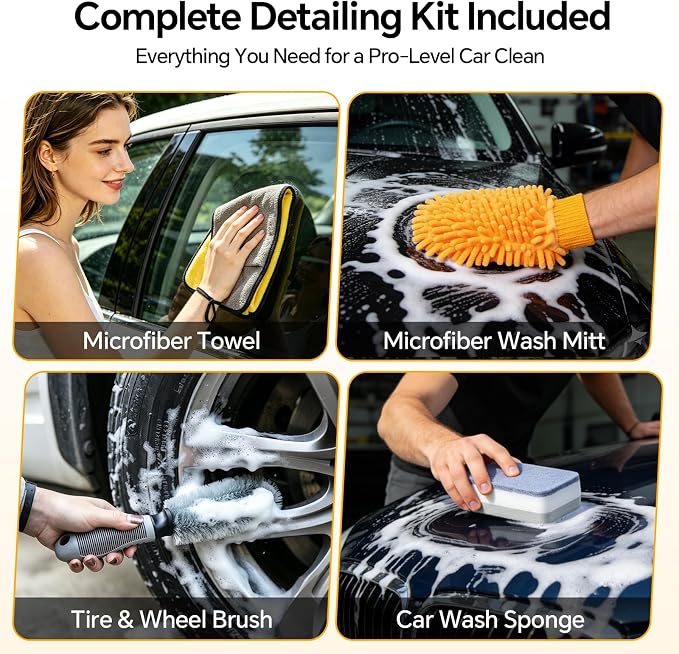 7-in-1 Car Wash Kit with 20L Folding Bucket & Brush – Car Wash Mop with Long Handle, 15° Curved Aluminum Pole for SUV Roof, Car Washing Brushes & Cleaning Supplies, RVs-Yellow.