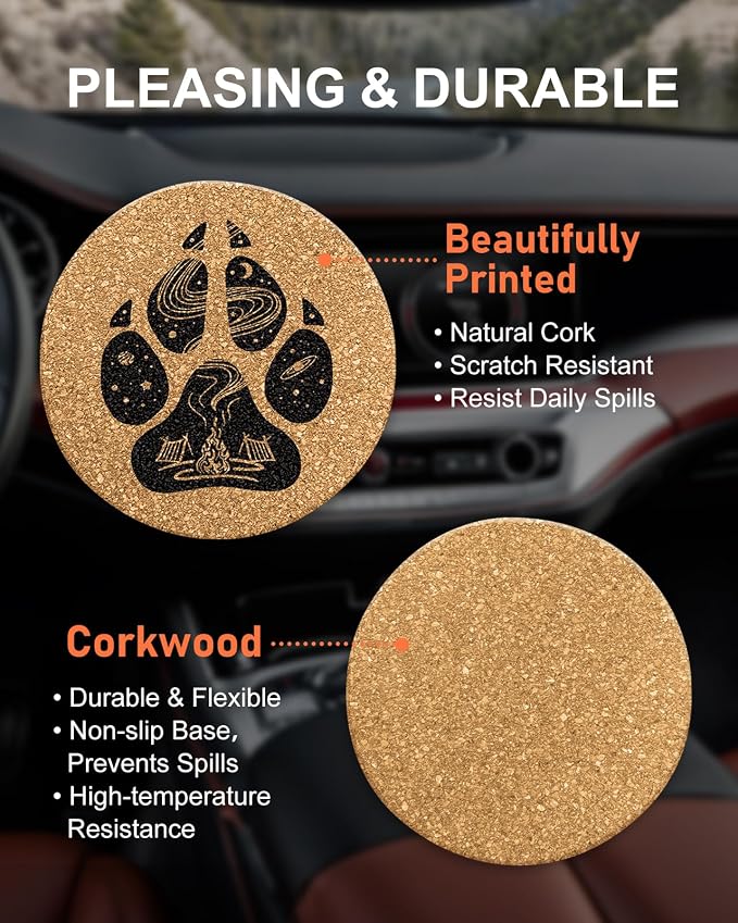 Swooflia Car Coasters for Men - Camping Cork Car Cupholder Coaster Cool Absorbent Mat Coaster with Cork Base 2 Pack Automotive Cup Holder Accessories New Driver Gifts
