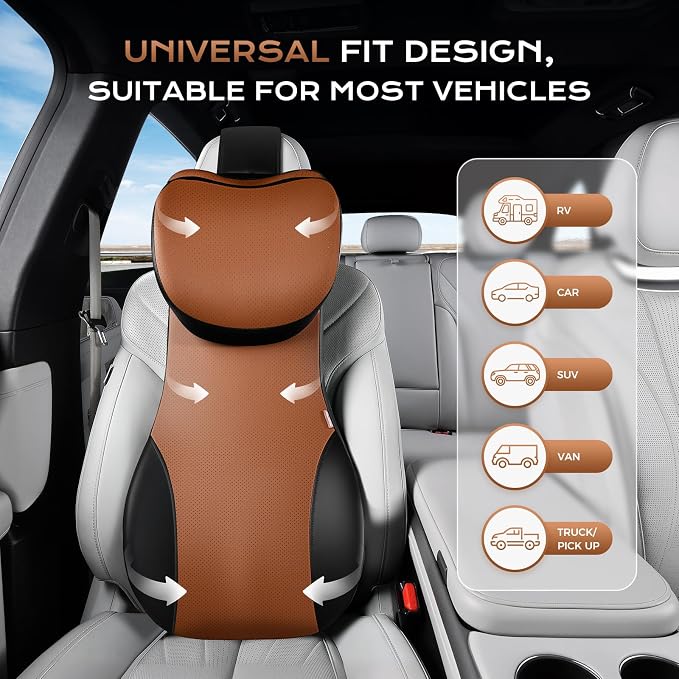 Coverado Car Seat Cushion and One Piece Lumbar Support with Adjustable Neck Cushion for Car, Ergonomic Memory Foam Car Back Support, Truck Seat Cushion for Sciatica Back Neck Pain Relief, Blackbrown