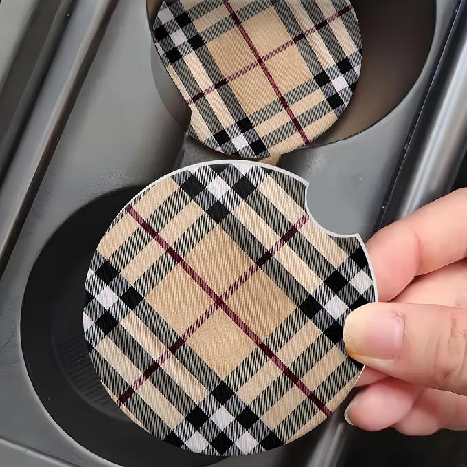 Car Coasters for Cup Holders, Car Cup Holder Coaster, Cute Car Accessories for Women Interior, 2PCS Cup Holder Coasters for Car, Anti Slip Rubber Cup Mat with A Finger Notch(Beige Plaid)