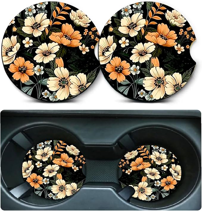 2 Pack Flowers Car Cup Holder Coasters Universal Neoprene Coasters | 2.75" Universal Size Anti Slip Rubber Mat, Auto Cup Holder Decor Accessories for SUV Truck, Flower Gifts for Women Men Mom