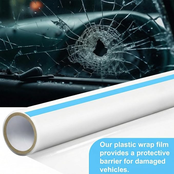 Maitys 2 Rolls Crash Plastic Wrap Film 36 Inch x 200 ft Clear Plastic Protector for Car Windows Damaged Vehicles Self-Adhesive Crash Clear Wrap for Auto Collision Dust Protection Broken Windows