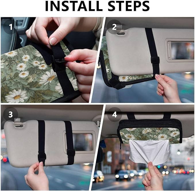 Car Visor Tissue Holder Mask Holder for Car, Car Tissue Box Sun Visor Napkin Holder Car Visor Accessories Adjustable Straps Reusable Durable Easy to Install Summer Daisy Butterfly Green