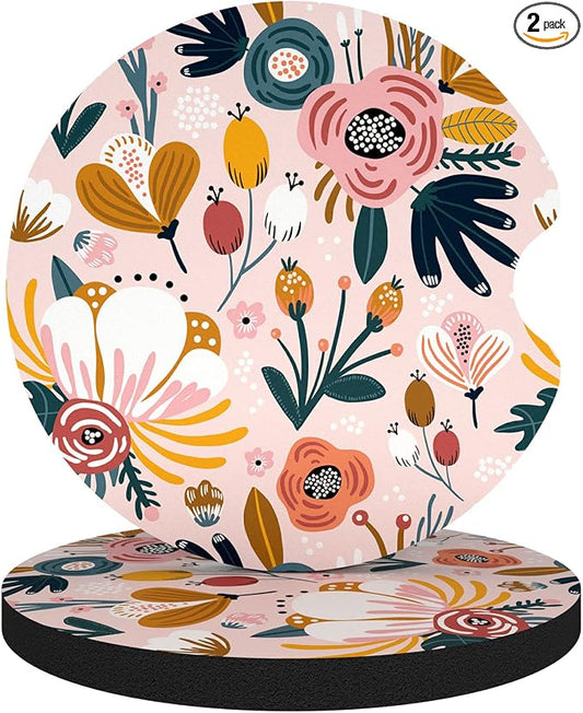 Aiawoxc Car Cup Holder Coasters, 2 Pack Universal Auto Anti Slip Insert Coaster with A Finger Notch, Cute Car Assecories for Women Men, Cup Mat for Most Interior, Pink Flower