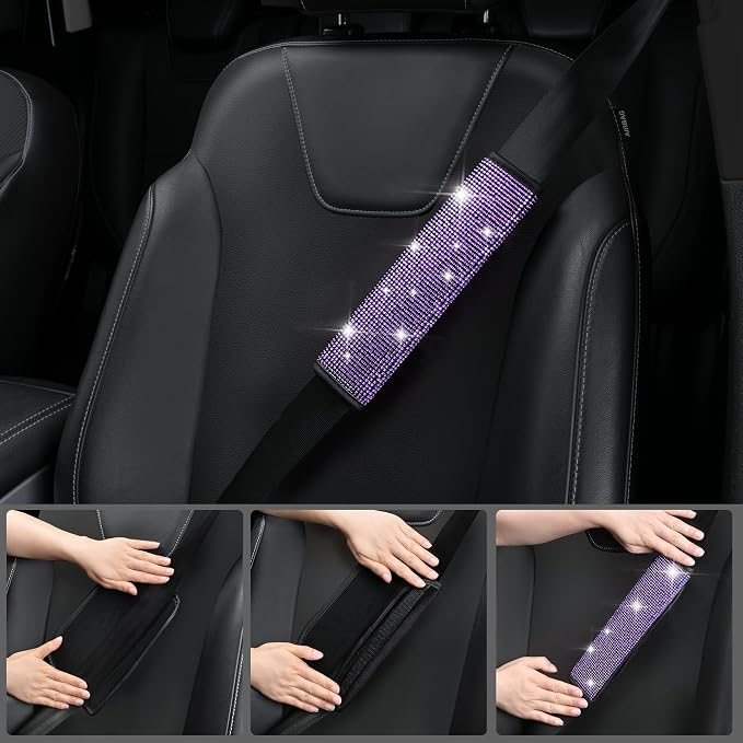 CAR PASS 11PCS Bling Purple Car Steering Wheel Cover Set for Women, Sparkly Rhinestone Diamond Bling Seat Belt Cushion, Glitter Shift Knob Cover, Car Cup Holder Coaster, Interior Sets Violet 14.5"-15"
