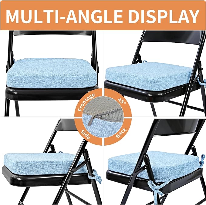 SINOSSO Memory Foam Chair Cushions for Folding Chairs 4 Pack, Thickened 2" Square Pads with Ties for Kitchen Chairs, Indoor Non-Slip Dining Chair Seat Cushions (Set of 4, Water Blue)