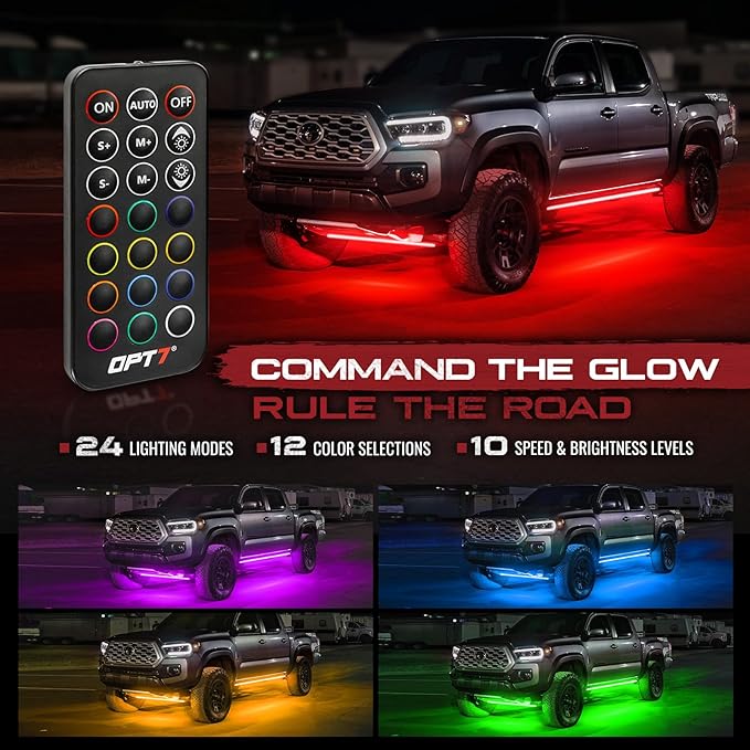 OPT7 Aura RGB Aluminum Truck Underglow Kit with Remote Control | Waterproof Rigid LED Bars, Multicolor Underbody Lighting, Exterior Neon Accent Ground Lights, Off Road Pickup Jeep Gifts, 12V