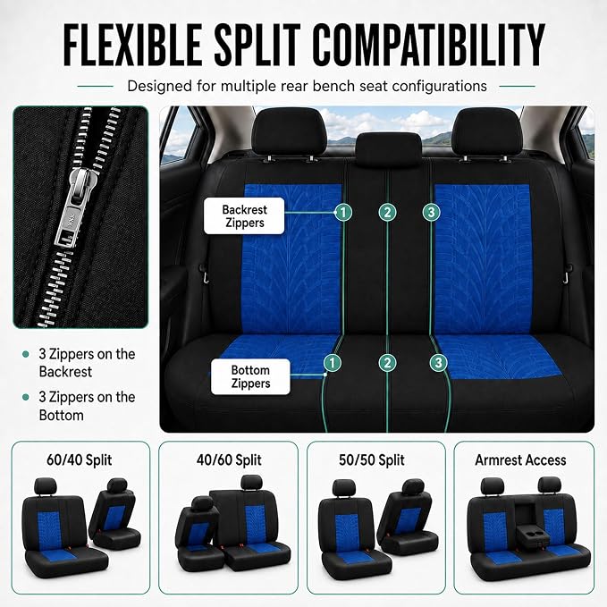 FH Group Full Set Travel Master Car Seat Covers, Airbag and Split Rear Car Seat Cover Universal Fit Interior Accessories for Cars Trucks SUV, Automotive Seat Covers, Blue