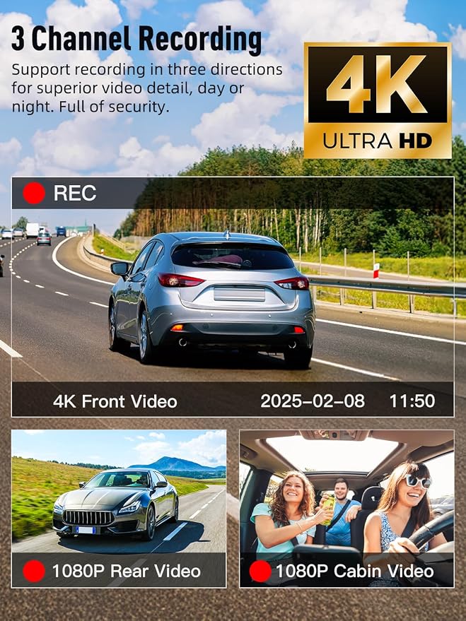 3 Channel 5G WiFi Dash Cam, 4K+1080P+1080P Dash Cam Front and Rear with 64GB Card, Dash Camera for Car with HDR IR Night Vision, G-Sensor, 24/7 Parking Mode, WDR, Support 128GB Max - Black