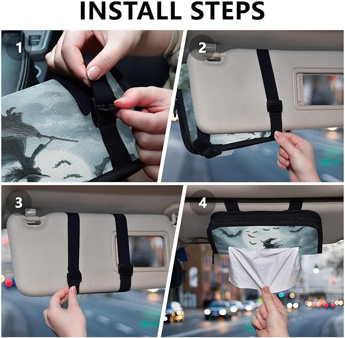 Halloween Bats and Witch Car Tissue Holder Durable Napkin Holder Hanging Tissue Holders Case Car Tissues Bag for Sun Visor Seat Back Universal Auto