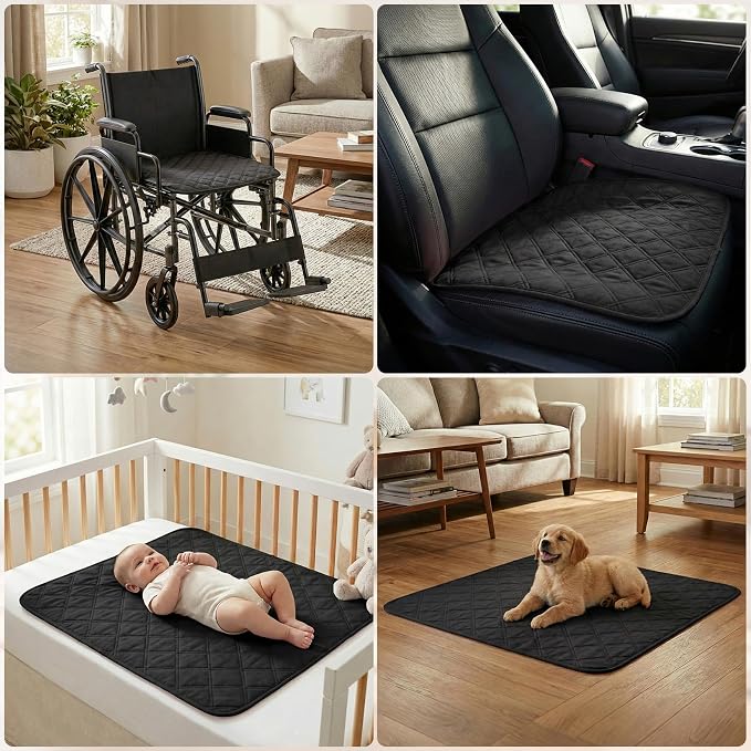 4 Pack Waterproof Chair Pads for Incontinence - Waterproof Seat Protector Pads 22" X 21", Resuable Washable Non-Slip Absorbent Chair Seat - Absorbent for Bed, Seat, Car, Wheelchair & Recliner（Black）