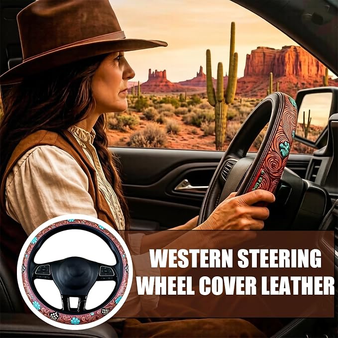 Western Cowboy Steering Wheel Cover - Retro Tooled Leather, Embossed Hand-Painted Design, Universal 15 Inch Anti-Slip Cover for SUV, Truck, Car, Breathable All-Weather, Easy to Install (Style-C)