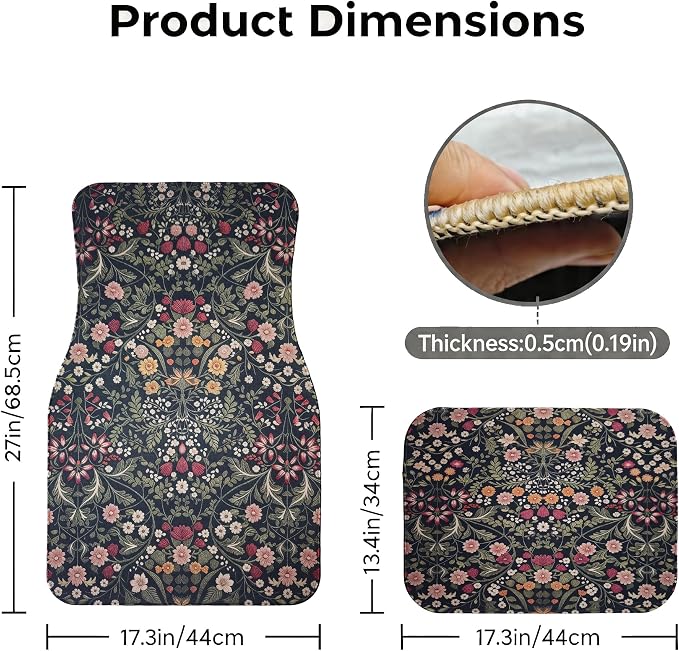 Vintage Car Floor Mats-Non-Slip Rubber Backing,Front (26.8x17.3in) & Rear (13x17.3in) Set-Water Absorbing, Durable Automotive Floor Liners with Stylish Patterns