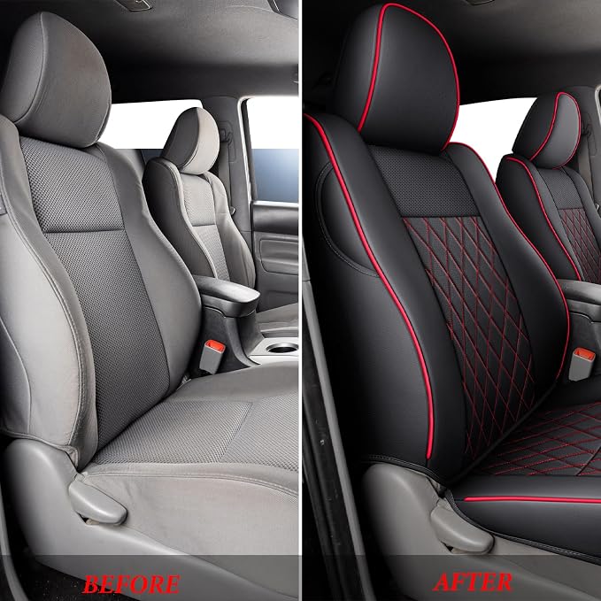 Coverado Tacoma Seat Covers, Car Seat Covers Front Seats, Leather Seat Covers for Cars Car Seat Protector Cushion Tacoma Accessories Custom Fit 2005-2023 Toyota Tacoma Double/Crew Cab(Red)
