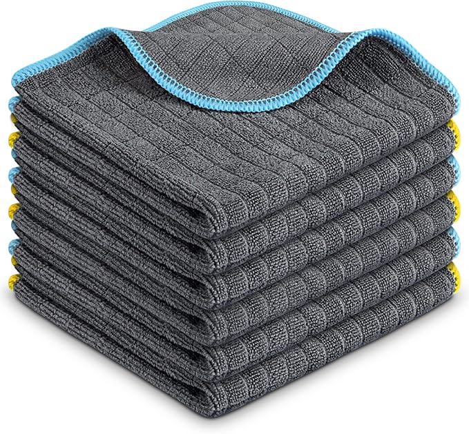 Airlab Glass Polishing Streak Free Miracle Cleaning Cloth, Grey-Yellow Blue | Lint Free Microfiber Cleaning Rags for Glasses Kitchen Dish Mirrors Easy Clean, 12 x 12 Inches, Pack of 6