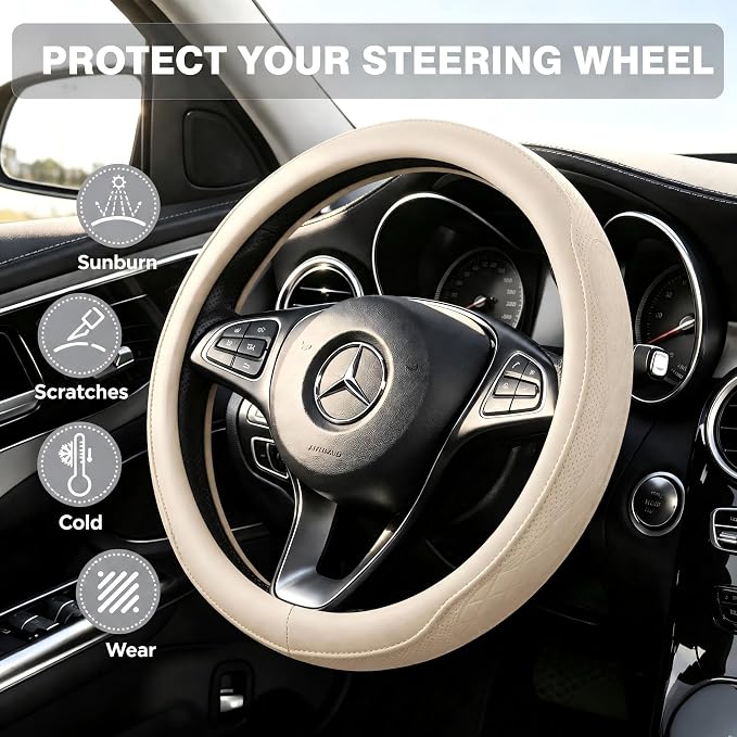 Beige Steering Wheel Cover, Perforated Synthetic Leather Car Steering Cover with Odorless Rubber Inner, Universal Non-Slip Fit for Light Color Interiors (Beige)