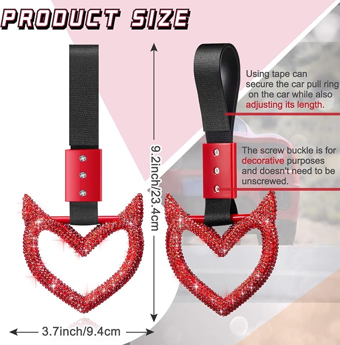 Fabbay Bling Car Accessories Bling Heart Handle Ring Car Accessory for Women Heart Hand Strap Drift Charm Rear Bumper Warning Ring Decor for Auto Bus Interior Exterior Decoration (Red, Devil Style)