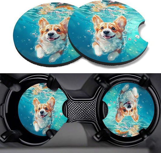 Car Cup Coasters,2 Pack Car Coaster,2.75inch Anti Slip and Absorbent Cars Coasters for Cup Holders,Neopren Accessories for Women,Cute Decor for Women (Corgi)