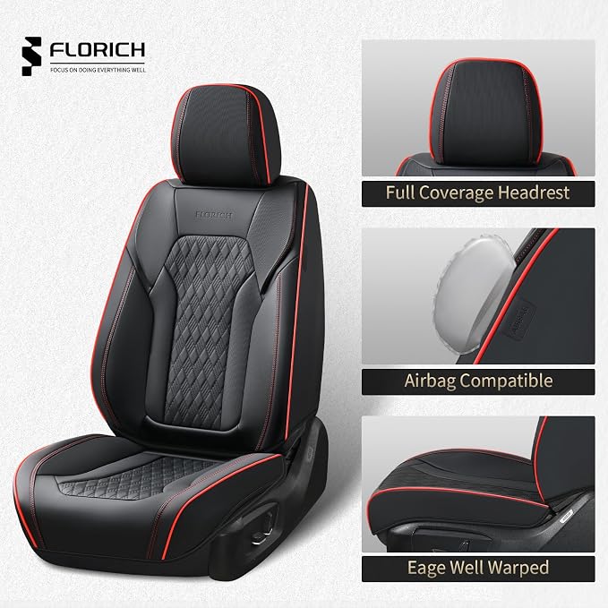 FLORICH Seat Covers, Car Seat Covers Full Set, Luxury Nappa Leather Seat Covers, Breathable and Waterproof Car Seat Protector 5 Seat, Automotive Seat Covers Universal Fit for Most Cars-Black&Beige