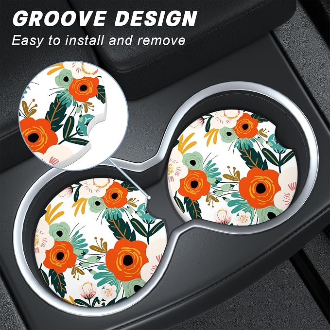 Aiawoxc Car Cup Holder Coasters, 2 Pack Universal Auto Anti Slip Insert Coaster with A Finger Notch, Cup Mat for Most Car Interior, White Flower