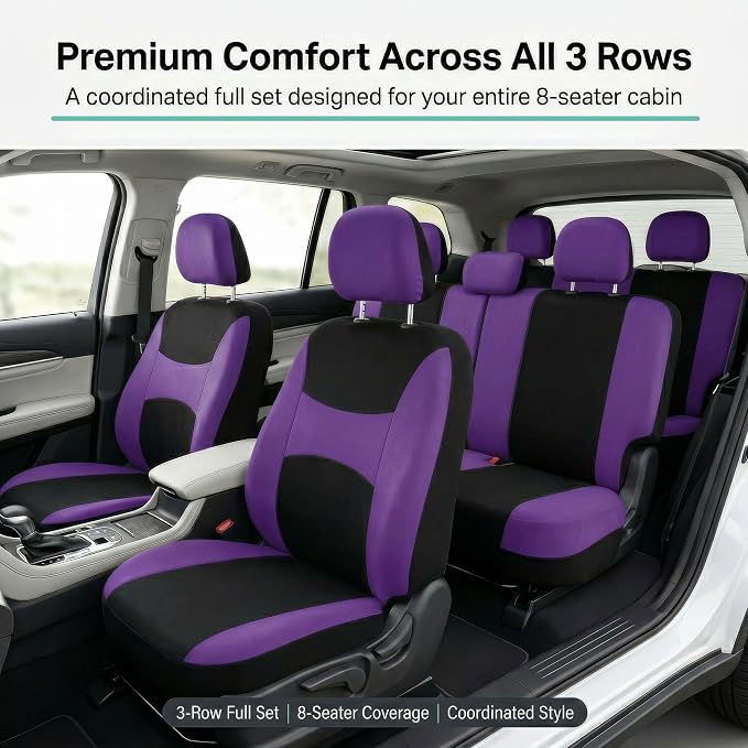 FH Group Automotive Seat Covers Light & Breezy Flat Cloth Seat Cover Three Row Set Purple, Airbag and Split Rear Car Seat Cover Universal Fit Interior Accessories Cars Trucks SUV Car Accessories