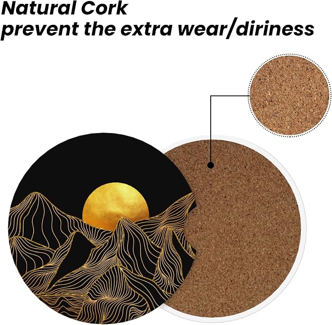 Golden Mountain Sun Car Cup Holder Coasters 2 Pack 2.63" for Women | Universal Anti Slip Ceramic Absorbent Coaster with Cork Base and Finger Notch Cute Car Accessories Interior