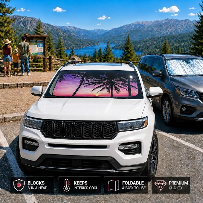 Car Windshield Sun Shade, Universal Fit Midsized Sedan SUV, Vacation Style | 63 x 31.5" Windshield Cover, Foldable Front Window Sunshade, UV Heat Protection
