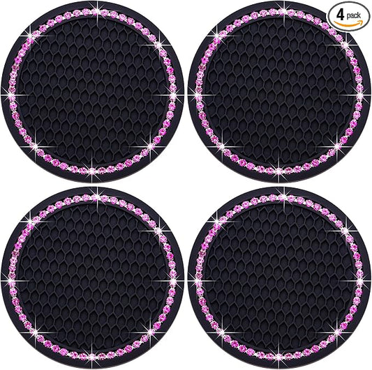 4PCS Bling Cup Holder Coaster, 2.75 Inch Auto Car Cup Holder Insert Coasters, Soft Silicone Anti-Slip Shockproof, Universal Vehicle Interior Accessories for Women Girls (Black & Pink)