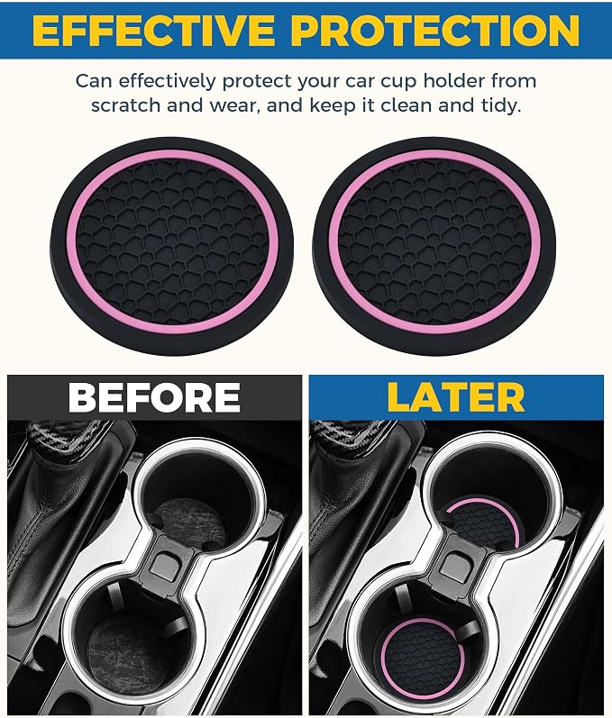4PCS Car Coasters, Car Accessories Interior, 2.75 Inch Non-Slip Cup Holder Coasters for Most Vehicles (Black&Pink)