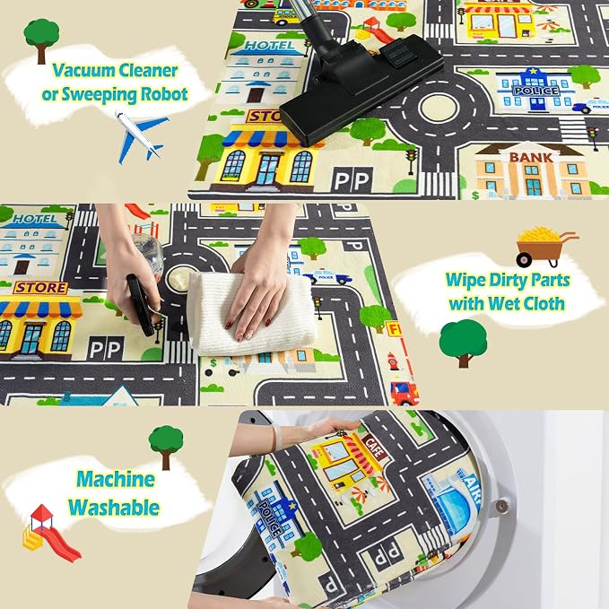 Car Rug Play Mat for Kids Toy Cars, City Road Traffic Playmat for Kid Bedroom, Non-Slip Machine Washable Kids Rugs for Learn and Have Fun 3'x4'/ 36"x48", Beige