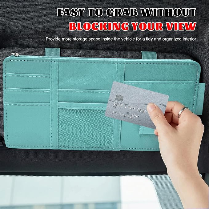 Car Sun Visor Organizer, Multifunctional Auto Visor Storage Bag with Net Pocket & Eyeglass Clamp, Waterproof Multi-Pocket Storage Pouch Ticket Organizer for Car Sun Visors (Blue)
