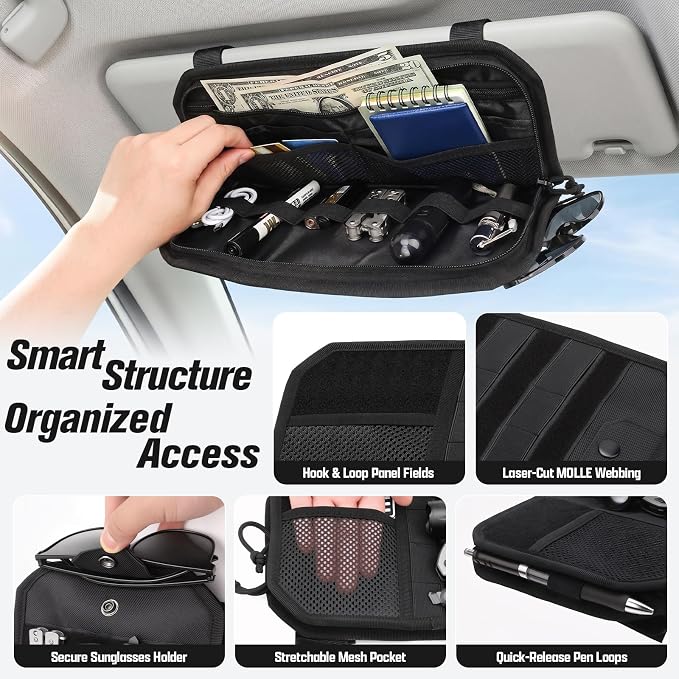 1000D Polyester Car Sun Visor Organizer with Sunglasses Holder | Tactical Organizer, MOLLE Panel, Universal, Mesh Pouch + Pen Slots + Zipper Pockets, Heavy Duty, Esay Installation