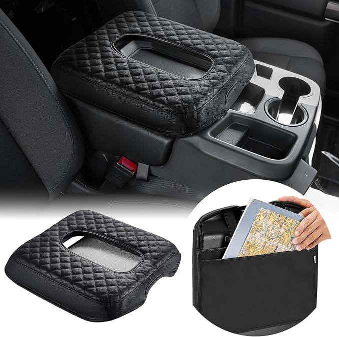 JOYTUTUS Center Console Cover Compatible with 2019-2026 Silverado Sierra Jump Seat, Leather Armrest Cover for Car, Black Accessories with Hidden Pockets