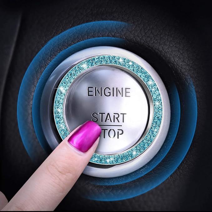 WINKA 2pcs Bling Car Engine Start Button Cover Diamond Crystal Push Start Stop Button Ring Sparkly Bling Ignition Button Cover Rhinestone Keyless Ignition Ring Universal Car Accessories (Blue)