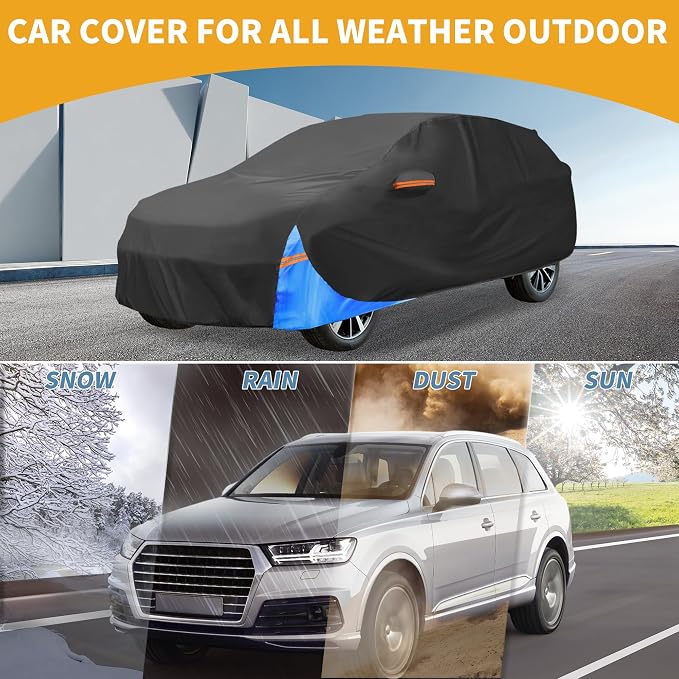 Waterproof All-Weather Universal Car Cover with Right Side Zipper, 190T Polyeste Black Blue Fits for SUV Up to 181" Length